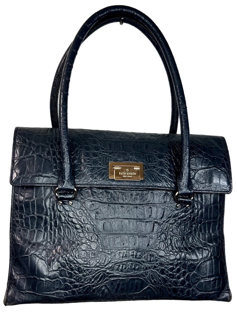 Kate Spade Croc Embossed Leather Satchel Navy Blue Top Handle Work Bag